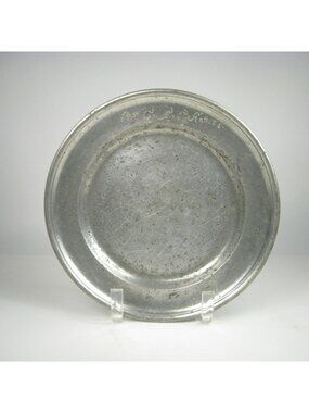 Pewter Plate Charger Antique 9 Inches Diameter Signed Monogram WEAR